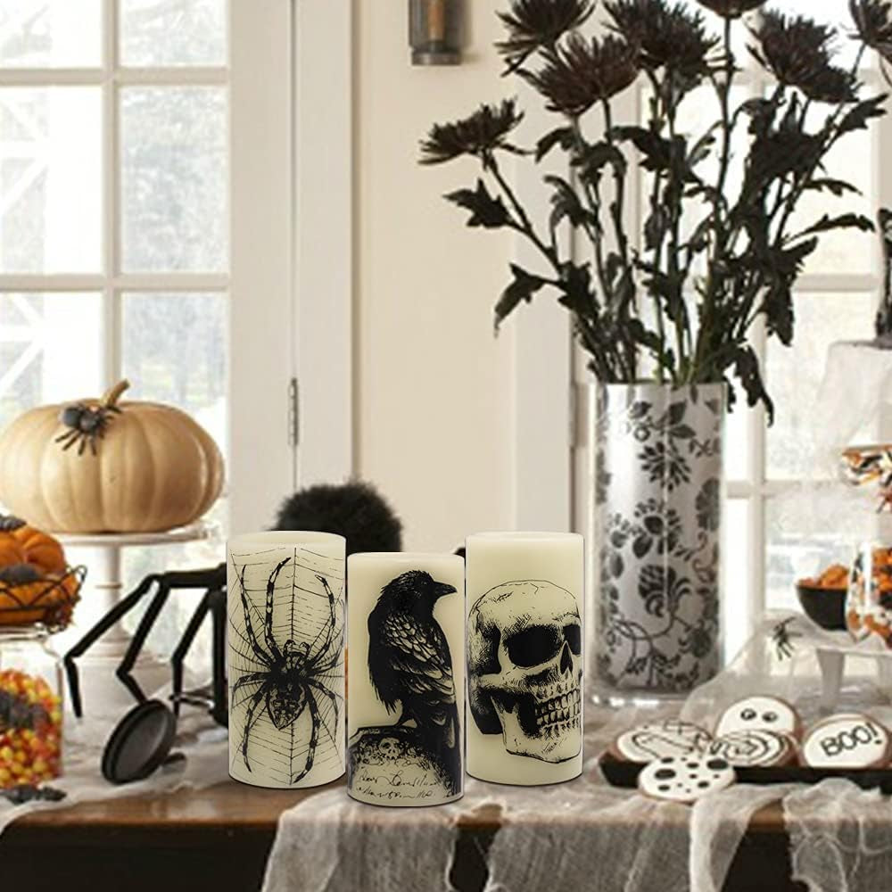 Halloween LED Flameless Flickering Candles Battery Operated with 6H Timer Skull Spider Web Crow Raven Spooky Decals Halloween Themed Indoor Decoration(3 Pack, D3 X H6)