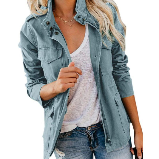 Yousify Womens Military Jacket Zip up Snap Buttons Lightweight Utility Anorak Field Safari Coat Outwear with Pocket