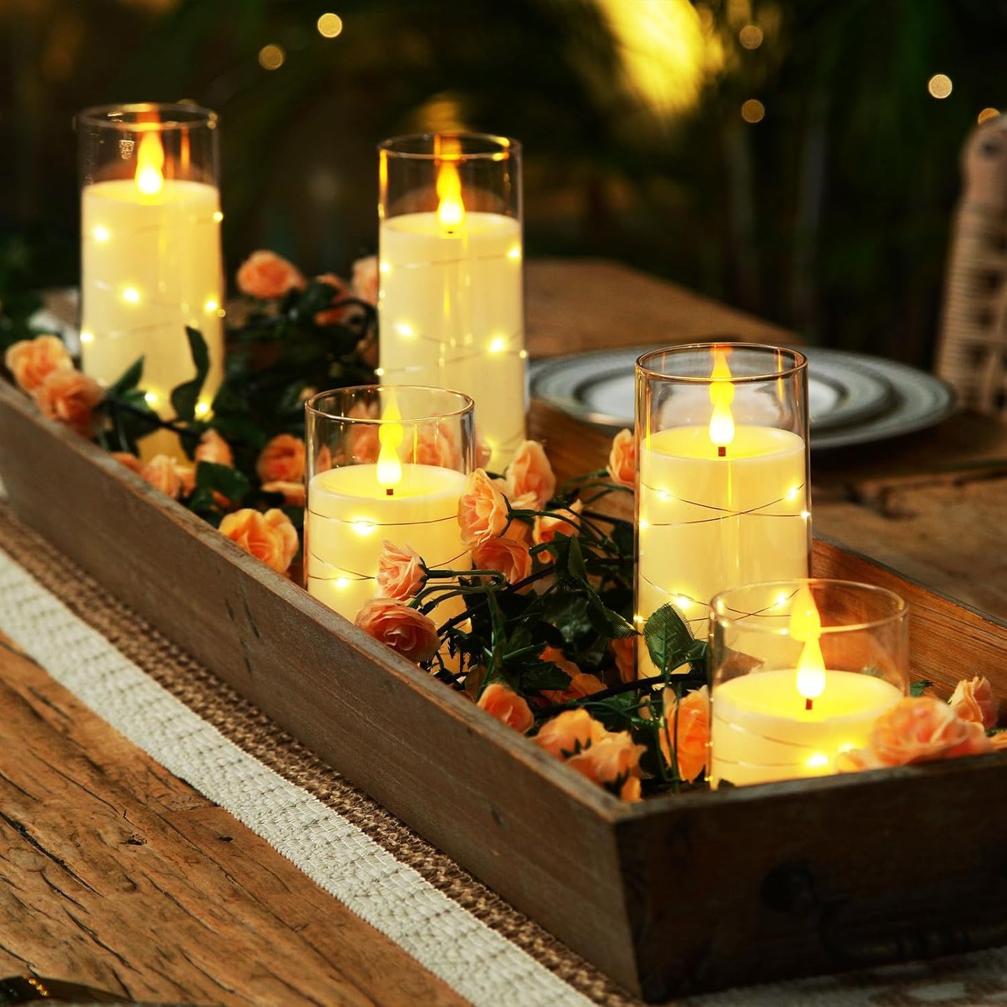 Flameless Candles with Embedded Star String Fairy Lights, Battery Operated Candles, LED Candle, Fake Candles with Remote Control and Timer, Ivory, Set of 5(H4 5" 6" 8" 8")