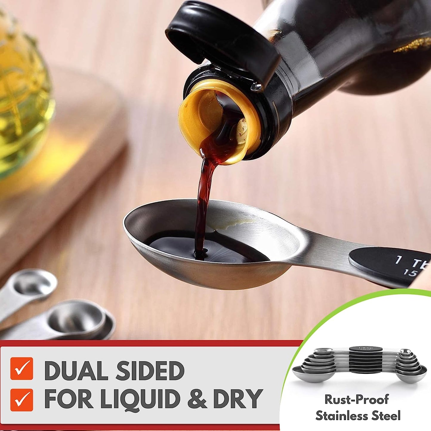 Stainless Steel Magnetic Measuring Spoons Set with Strong N45 Magnets, Heavy Duty Metal Kitchen Gadgets for Baking & Cooking, Fits in Most Kitchen Spice Jars, Set of 8 with Leveler, Black