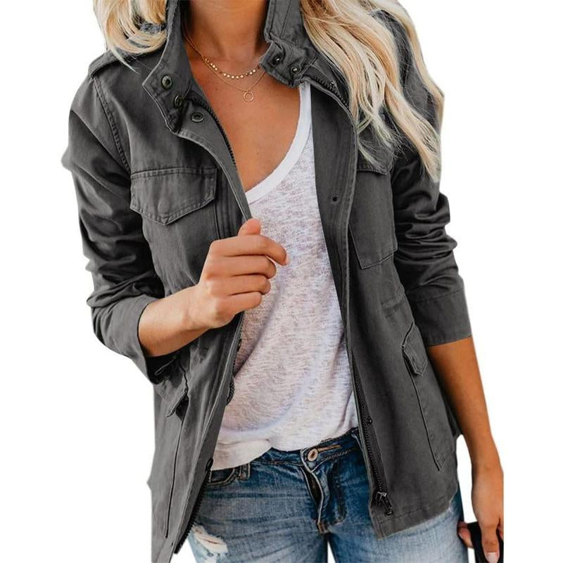 Yousify Womens Military Jacket Zip up Snap Buttons Lightweight Utility Anorak Field Safari Coat Outwear with Pocket