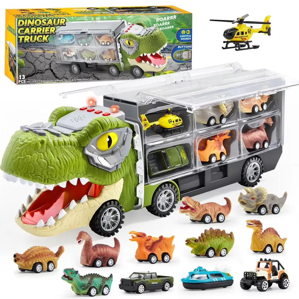 13 in 1 Dinosaur Truck Toys for Kids, Dinosaur Truck with Light & Sound, Including 12 Pull Back Cars, Great Christmas and Birthday Gifts Toy for Boy 3 4 5