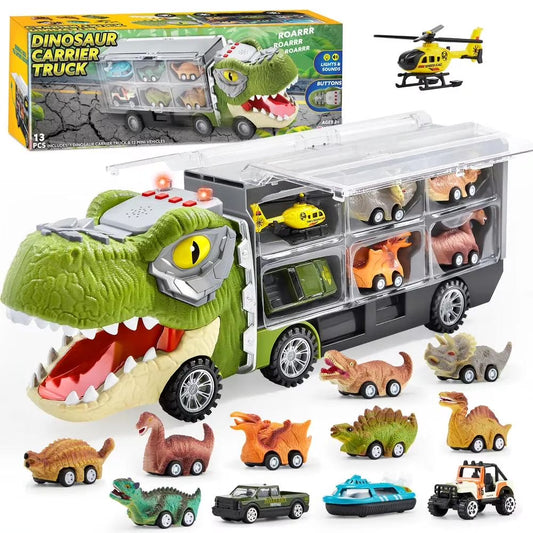 13 in 1 Dinosaur Truck Toys for Kids, Dinosaur Truck with Light & Sound, Including 12 Pull Back Cars, Great Christmas and Birthday Gifts Toy for Boy 3 4 5