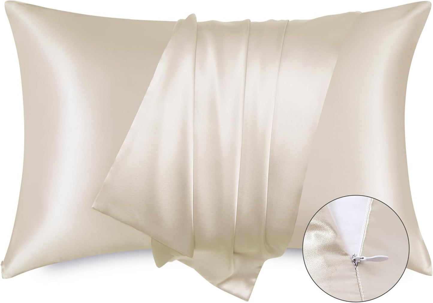 Satin Pillowcase for Hair - Beige Satin Pillow Cases Standard Size with Zipper 2 Pack, Similar to Silk Pillow Cases for Skin, Silky & Soft, Gifts for Women Men, 20X26 Inches