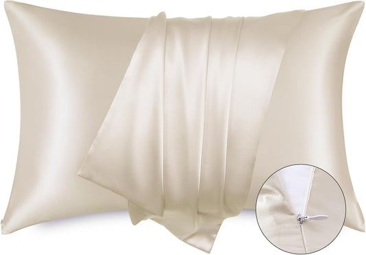Satin Pillowcase for Hair - Beige Satin Pillow Cases Standard Size with Zipper 2 Pack, Similar to Silk Pillow Cases for Skin, Silky & Soft, Gifts for Women Men, 20X26 Inches