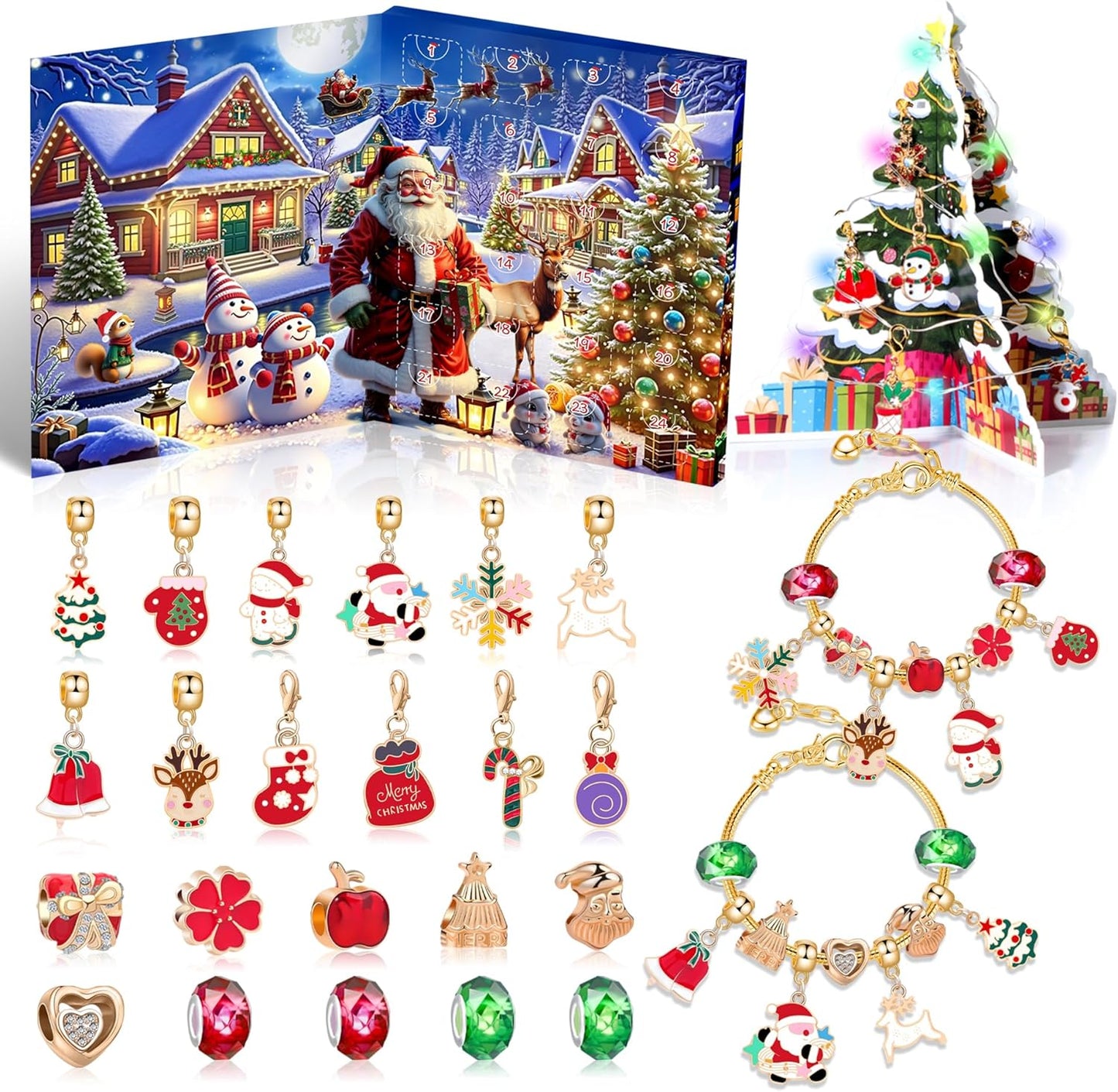 2025 Christmas Advent Calendar Bracelets, 24 Days DIY Jewelry Making Kit with 22 Charm Beads and 2 Adjustable Bracelets, Xmas Countdown Gift for Kids Teens Women