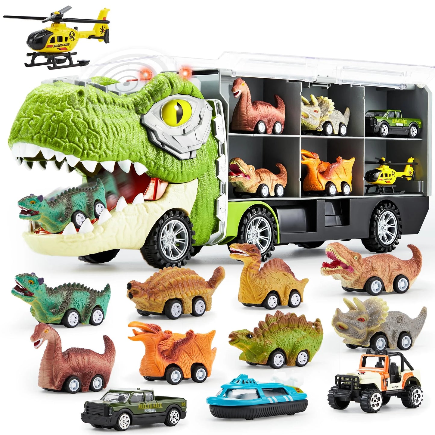 13 in 1 Dinosaur Truck Toys for Kids, Dinosaur Truck with Light & Sound, Including 12 Pull Back Cars, Great Christmas and Birthday Gifts Toy for Boy 3 4 5