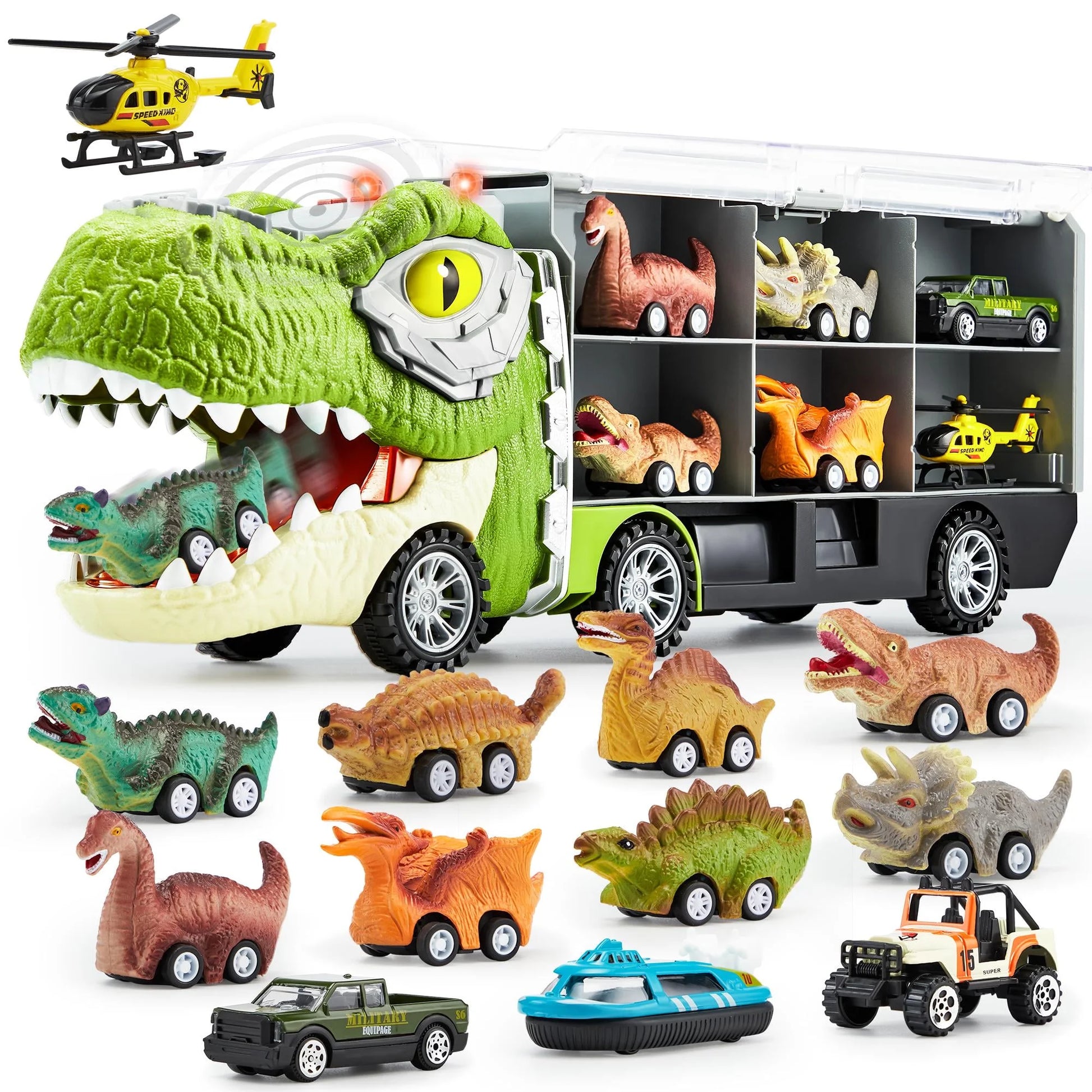13 in 1 Dinosaur Truck Toys for Kids, Dinosaur Truck with Light & Sound, Including 12 Pull Back Cars, Great Christmas and Birthday Gifts Toy for Boy 3 4 5