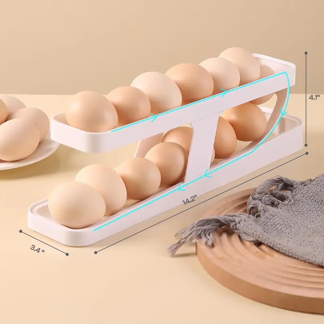 Egg Dispenser Egg Holder Space Saving Automatic Egg Storage Container Organizer for Refrigerator Space-Saving Rolling Eggs Dispenser and Organizer for Refrigerator Kichen Cabinet (White)