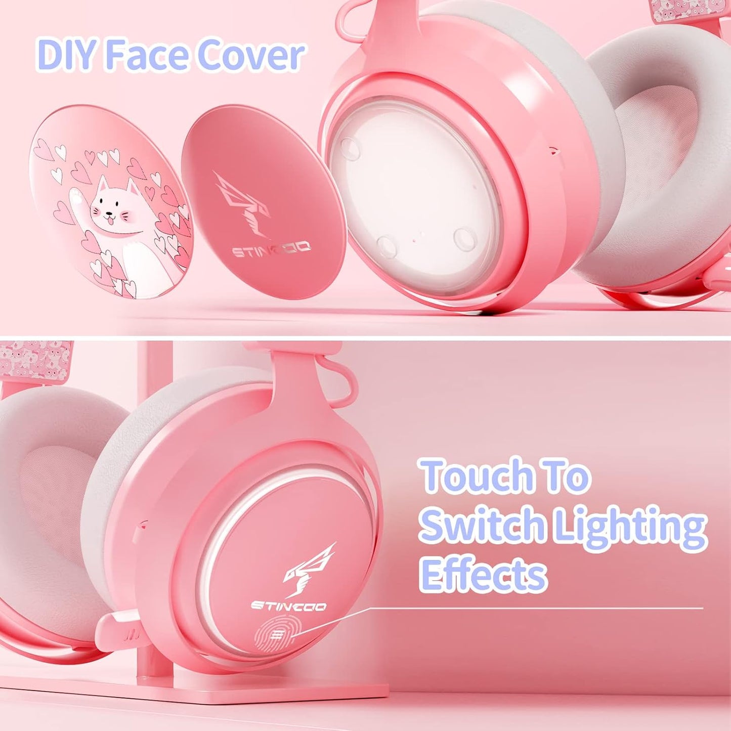 Pink Gaming Headset GS510, Wired, over Ear, Cat Ear Design with RGB Lighting, 7.1 Surround Sound, Retractable Mic, Compatible with PC, PS4, PS5