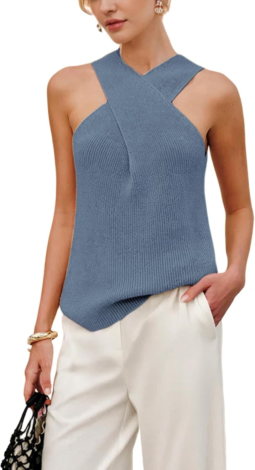 Women Halter Cross over Collar Tank Knit Sleeveless Top Solid Color Casual Summer Blouse