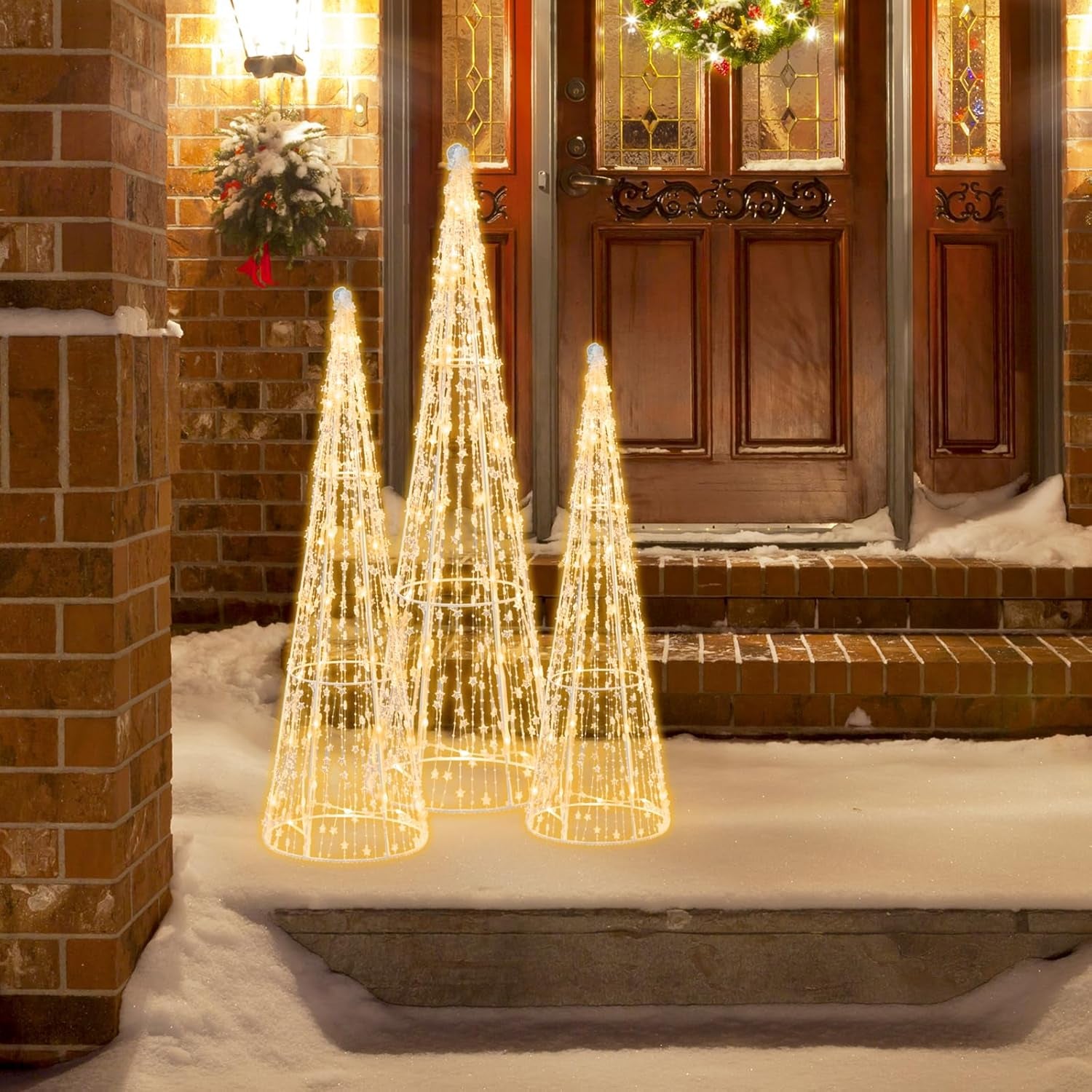 Set of 3 Lighted Christmas Cone Trees, Xmas Decorative Conic Tree Set with Star Strings, 90 Warm White LED Lights, Indoor & Outdoor Lighted Decorations for Lawn Yard Garden Party