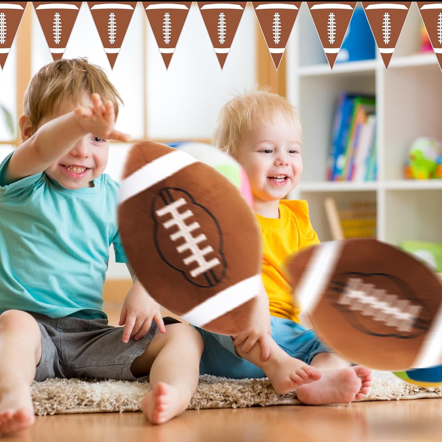 2 Pcs Plush Football Pillows Fluffy Soft Stuffed Sports Throw Pillows Cute Football Shaped Cushions for Bedroom Nursery Room Decoration