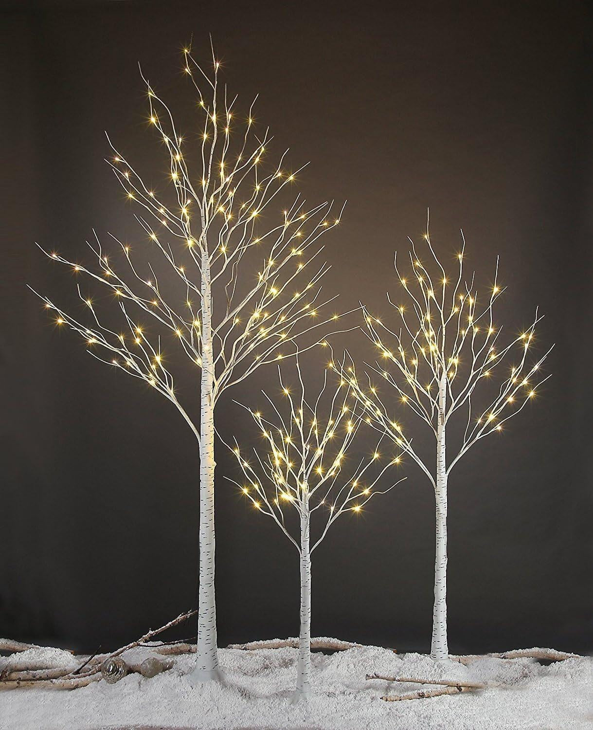 LED Birch Tree Light Set - 4Ft, 6Ft, 8Ft Trees with Warm White Lights - Indoor Outdoor Christmas Wedding Party Decorations (3-Pack)