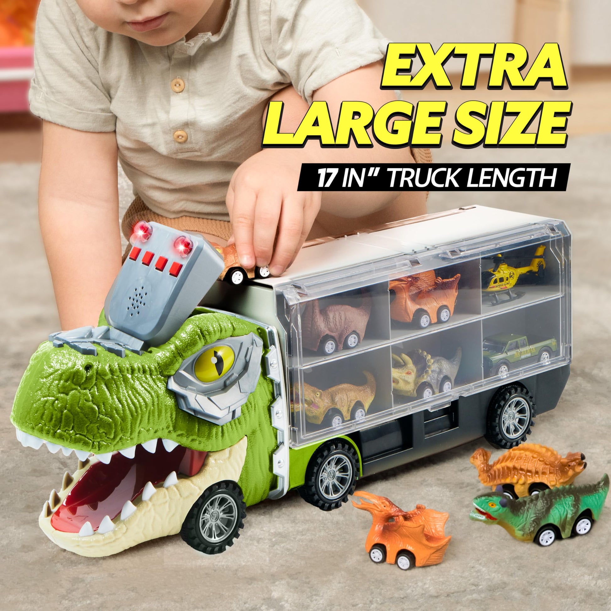 13 in 1 Dinosaur Truck Toys for Kids, Dinosaur Truck with Light & Sound, Including 12 Pull Back Cars, Great Christmas and Birthday Gifts Toy for Boy 3 4 5