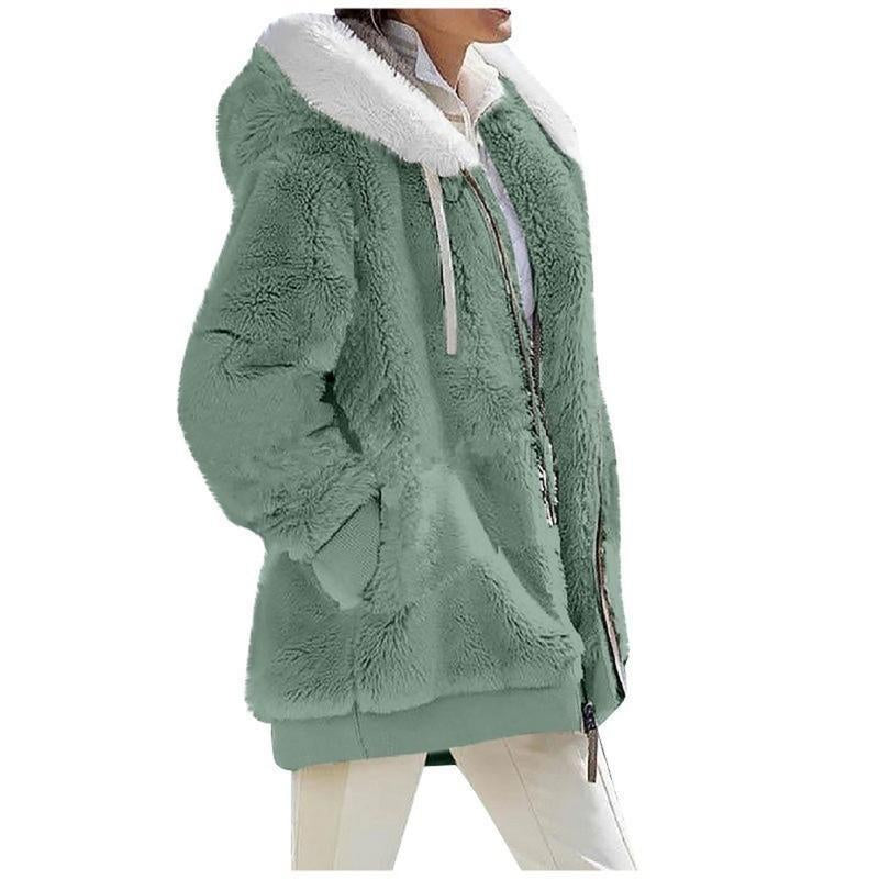 Autumn Winter Women'S Loose Plush Long-Sleeved Zipper Pocket Hooded Warm Coat Womenswear Jackets Tops Underwear Lady Comfort Long Sleeve Outerwear Longsleeves Fitted Basic Casual Basic Casual Minimalist