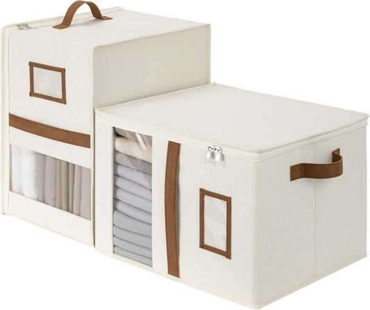 2-Pack Bed Sheet Organizers and Storage, Foldable Bedsheet Holder for Linen Closet, Bedding Container with Handle, Beige, 15" D X 12¾"W X 10" H