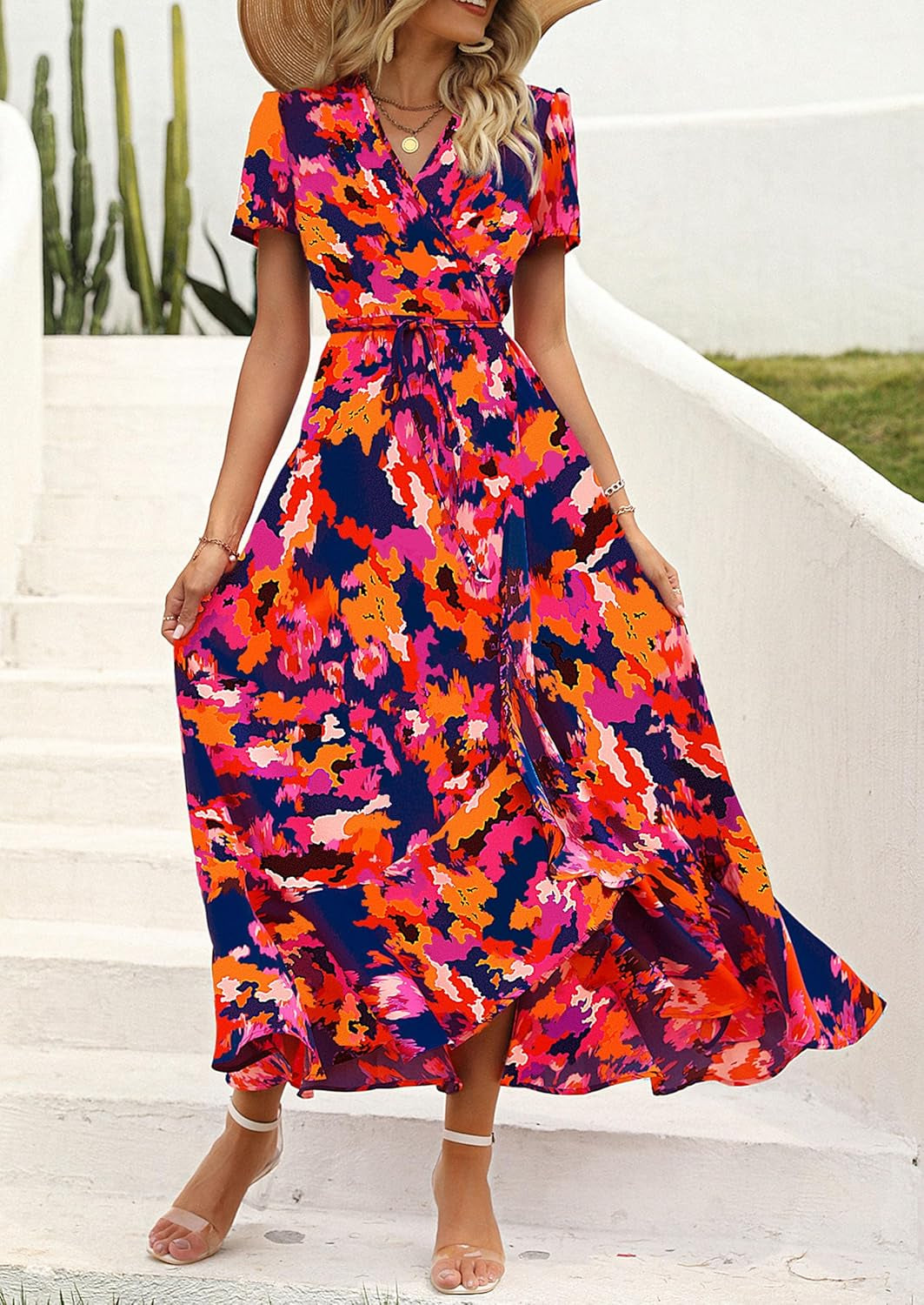 Women'S Boho Floral Maxi Dress Summer Short Sleeve Wrap V Neck Long Flowy Beach Vacation Wedding Guest Dresses