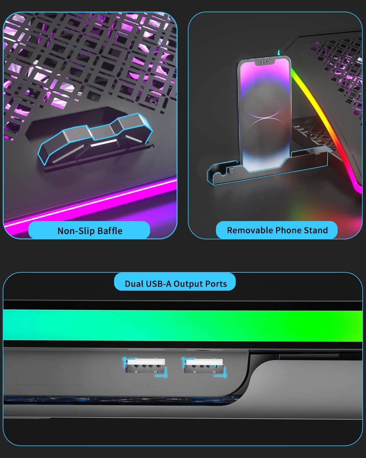 Laptop Cooling Pad, Gaming Laptop Fan Cooling Pad with 9 Quiet Fans, RGB Laptop Cooler for 15.6-17.3 Inch, Cooling Pad for Laptop with 7 Height Stands, 2 USB Ports, Phone Stand-Purple