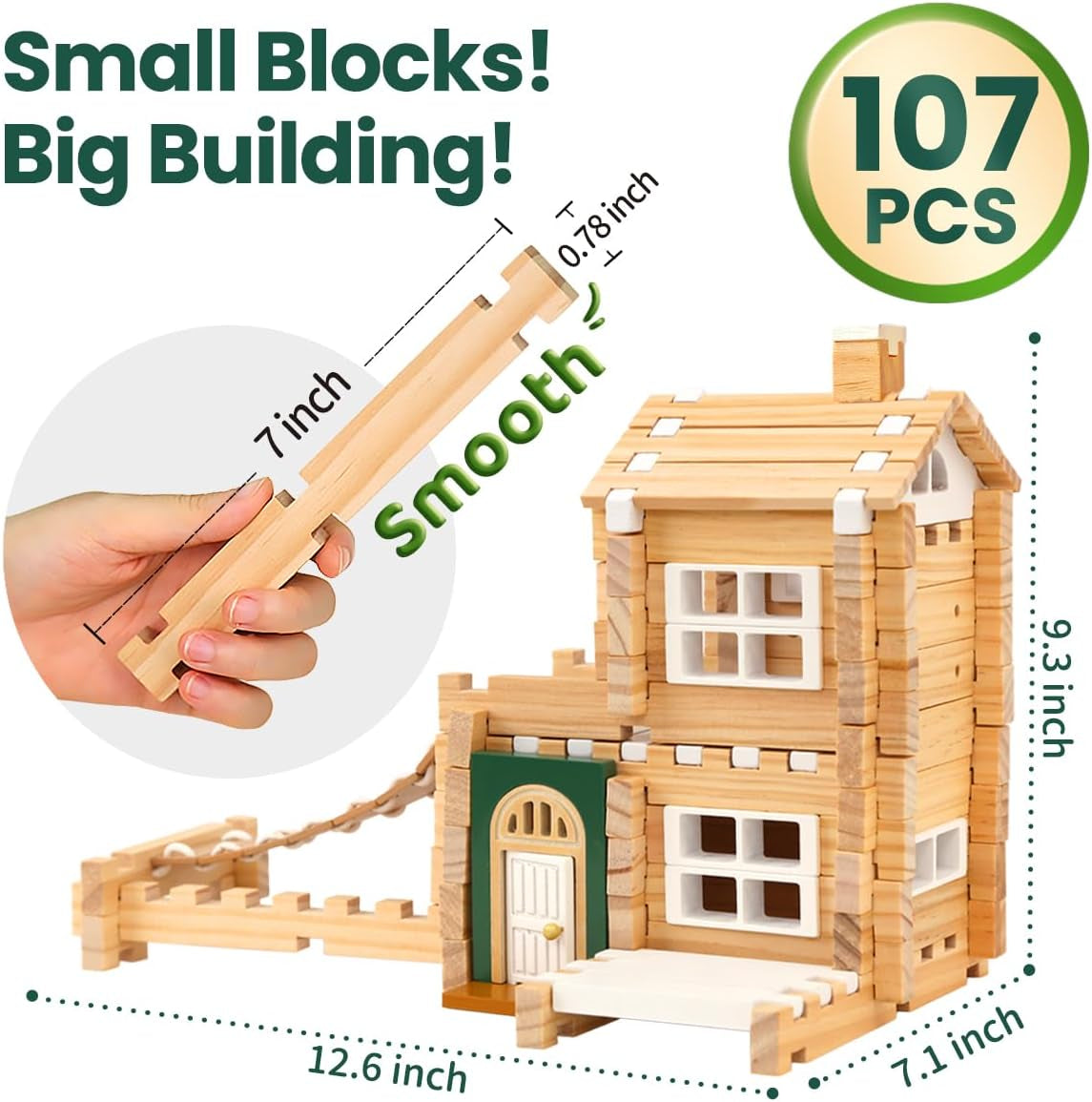＆Notchies 107 Pcs Wooden Blocks Toys with Door and Windows,Classic Old Fashioned Toys,Wooden Building Blocks for Kids Ages 4-8 Boys and Girls, (No Printed Manual)