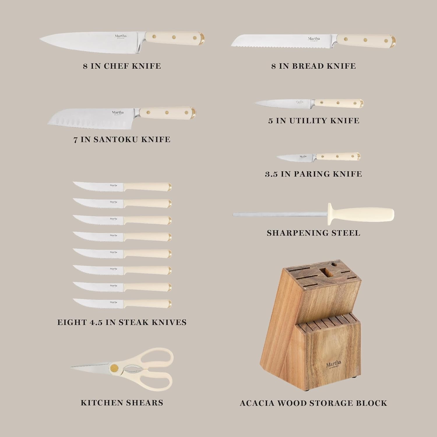 16 Piece Lockton High Carbon Stainless Steel Cutlery Kitchen Knife Block Set W/ABS Tripe Riveted Forged Handle Acacia Wood Block - Linen White W/Gold