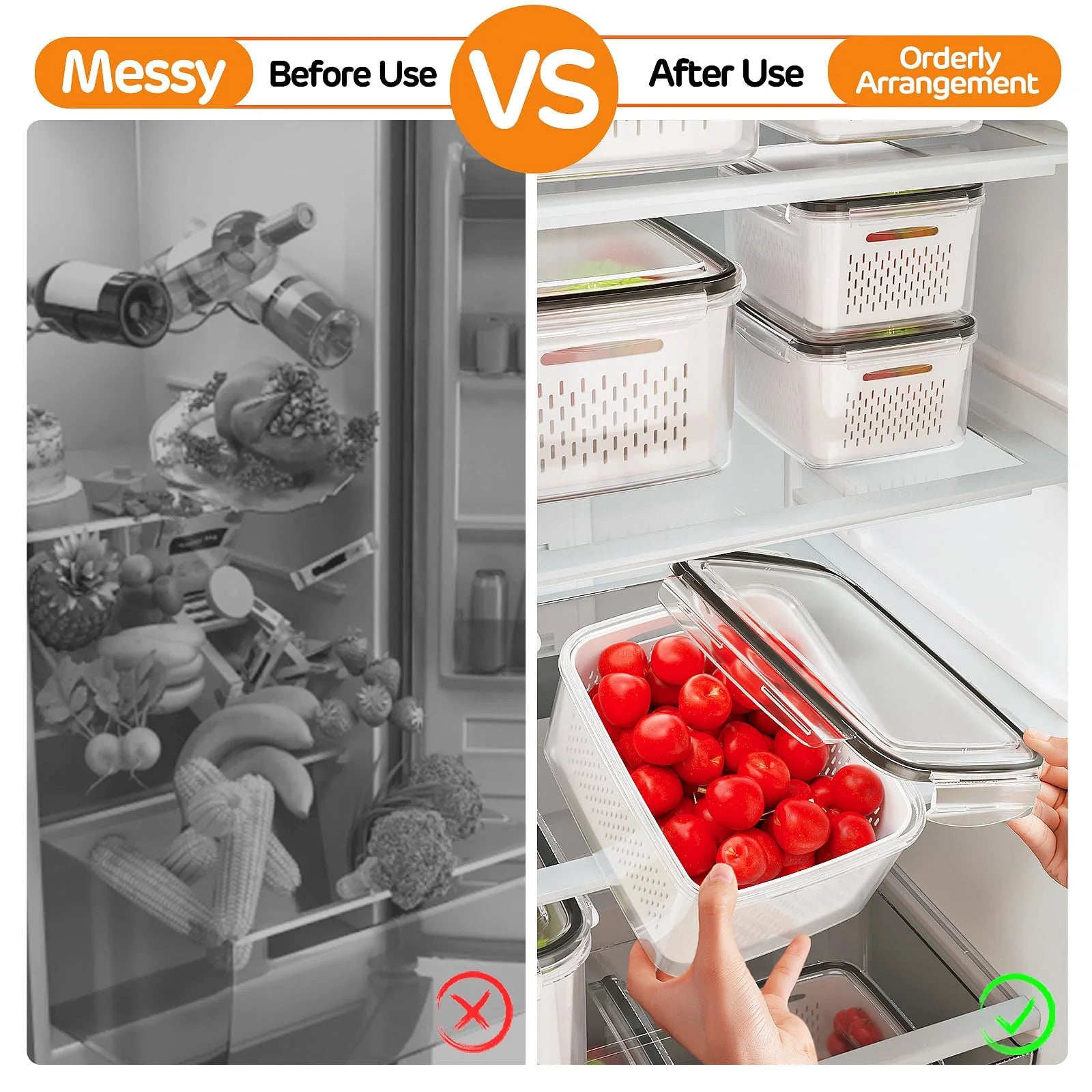 5 Pack Fruit Storage Containers for Fridge with Removable Colanders and Lids, 5 in 1 Leakproof Fridge Organizer Bins for Salad Berry Lettuce Vegetables Meat Keeper Fresh