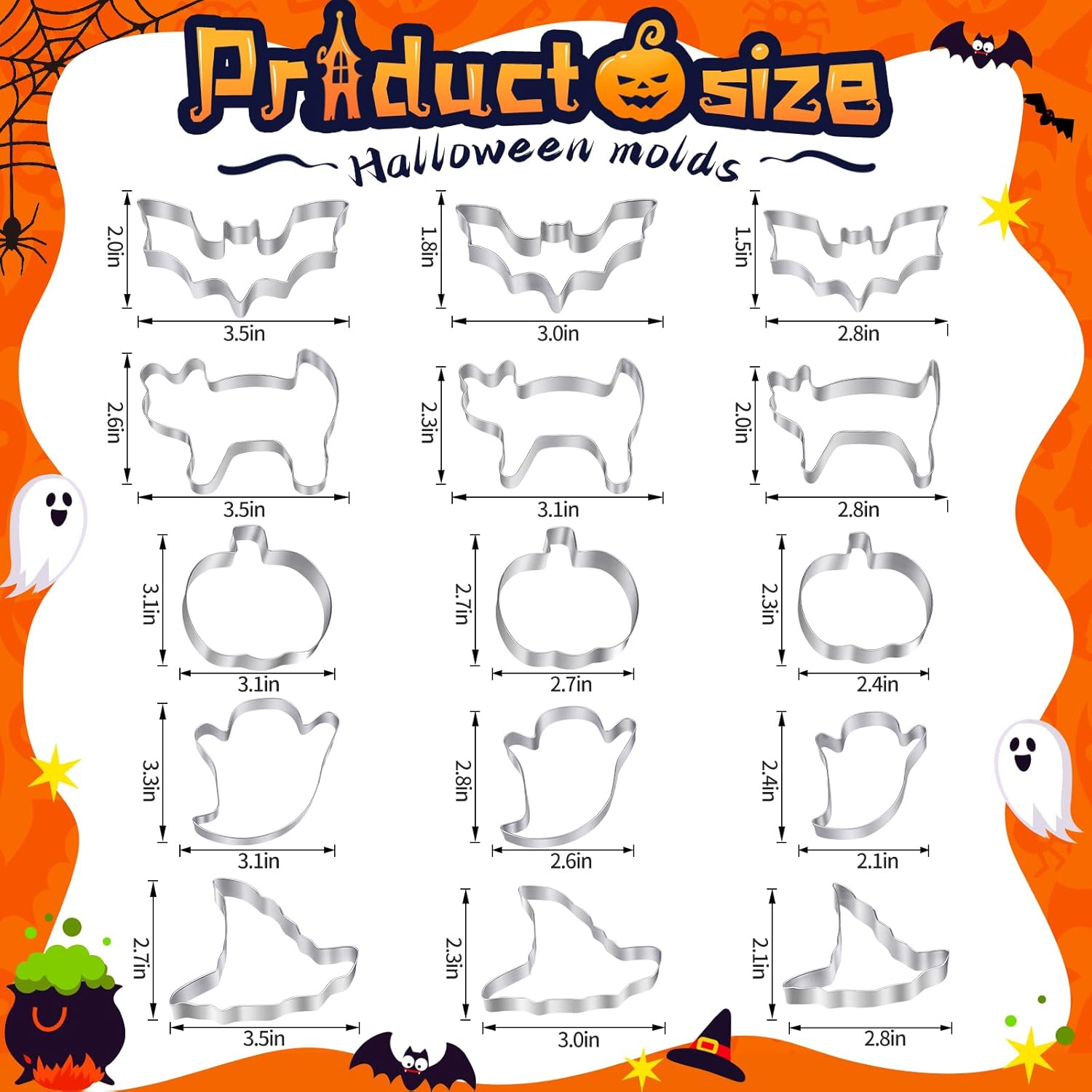 Halloween Cookie Cutters Set - 15 Pcs Stainless Steel Holiday Cookie Cutter with 5 Shapes - Pumpkin, Ghost, Bat, Cat and Witch'S Hat Cookie Molds for Halloween Food Party Decorations