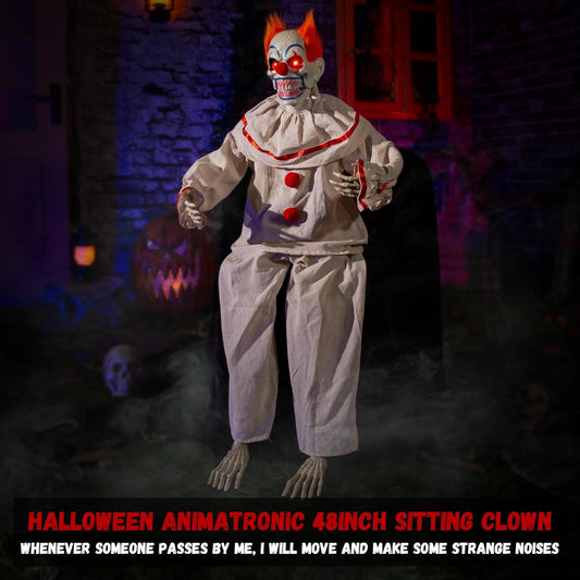 Halloween Animatronic Sitting Clown, Halloween Animated Decorations with Sound Activated, Creepy Sound, Light up Eyes, Scary Move, Haunted House Holiday Spooky Decor Horror Prop, for Indoor Outdoor