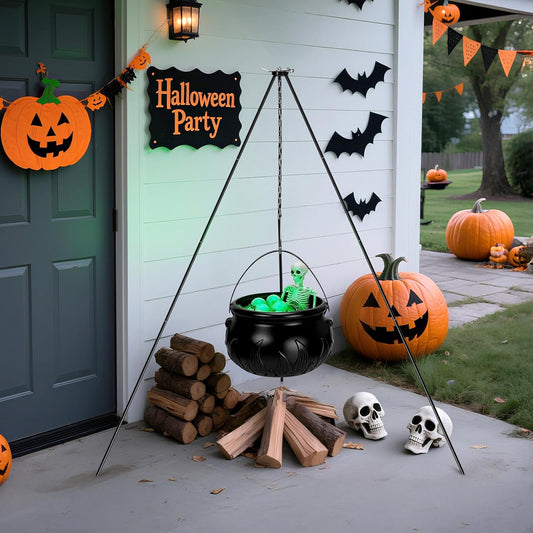 Halloween Decorations Outdoor Witches Cauldron, Large Cauldron on Tripod with String Lights, Skeleton and Eyeballs, Suitable for Halloween Party Indoor Porch Outdoor Lawn Yard Decor