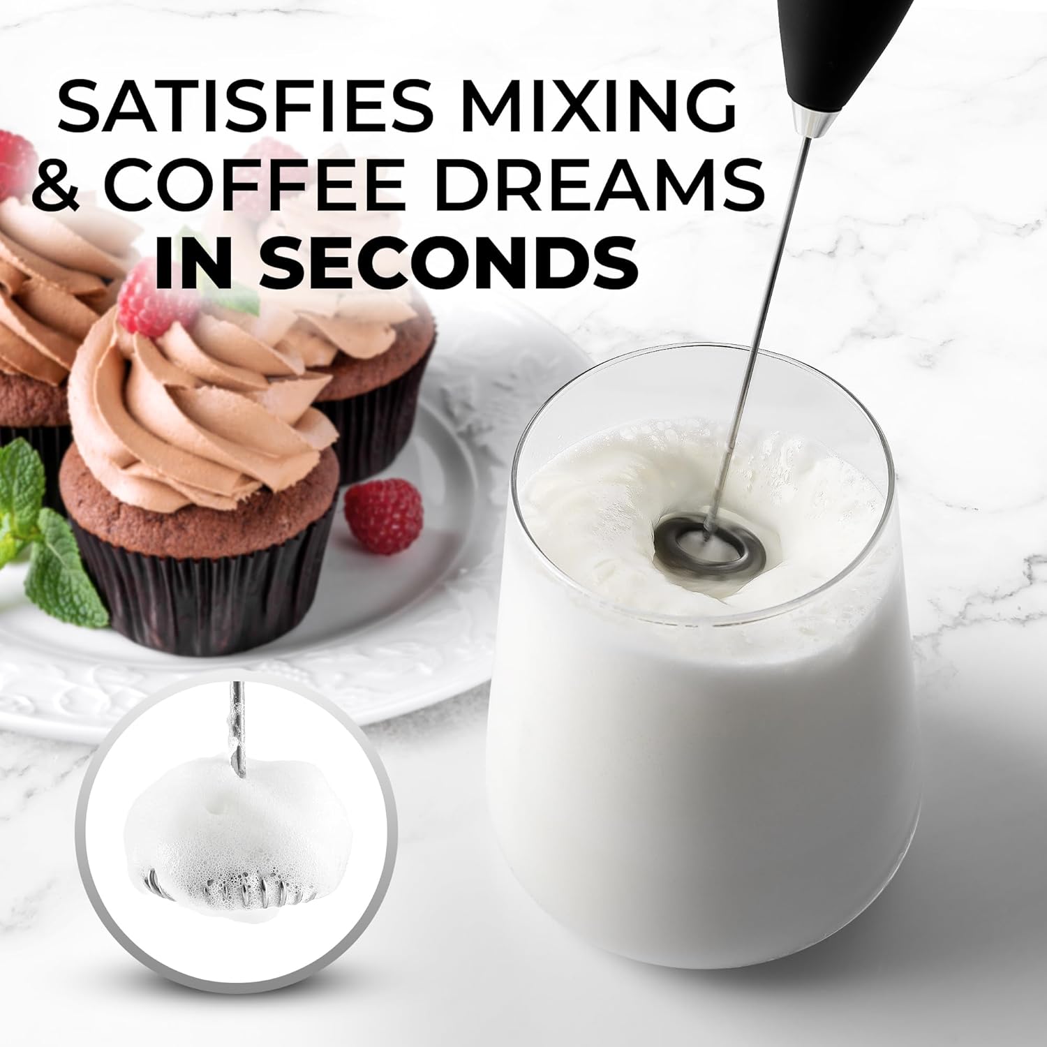 Powerful Milk Frother Wand with 2 Duracell Batteries - Ultra Fast Handheld Drink Mixer - Electric Whisk Foam Maker for Coffee, Lattes, Cappuccino, Matcha, Hot Chocolate & Creamer - Black