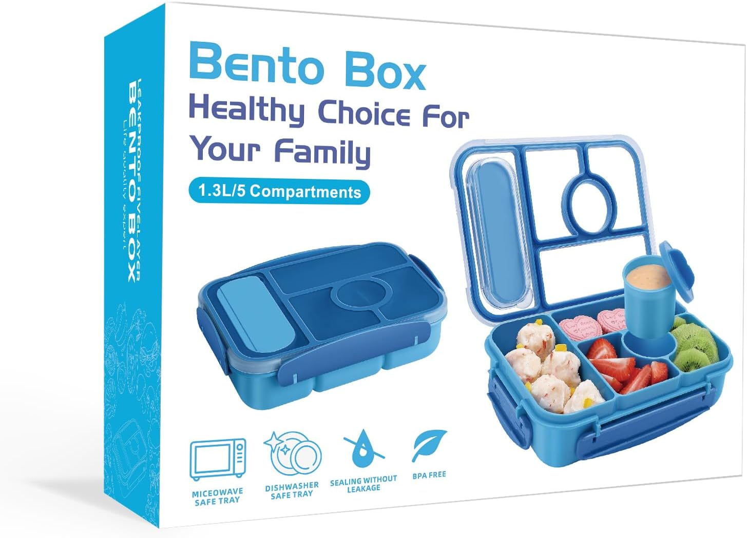 Bento Box Adult Lunch Box Kids,Lunch Containers for Adults/Kids/Toddler,5 Compartments Bento Lunch Box with Sauce Vontainers,Microwave & Dishwasher & Freezer Safe,Bpa-Free(Blue)