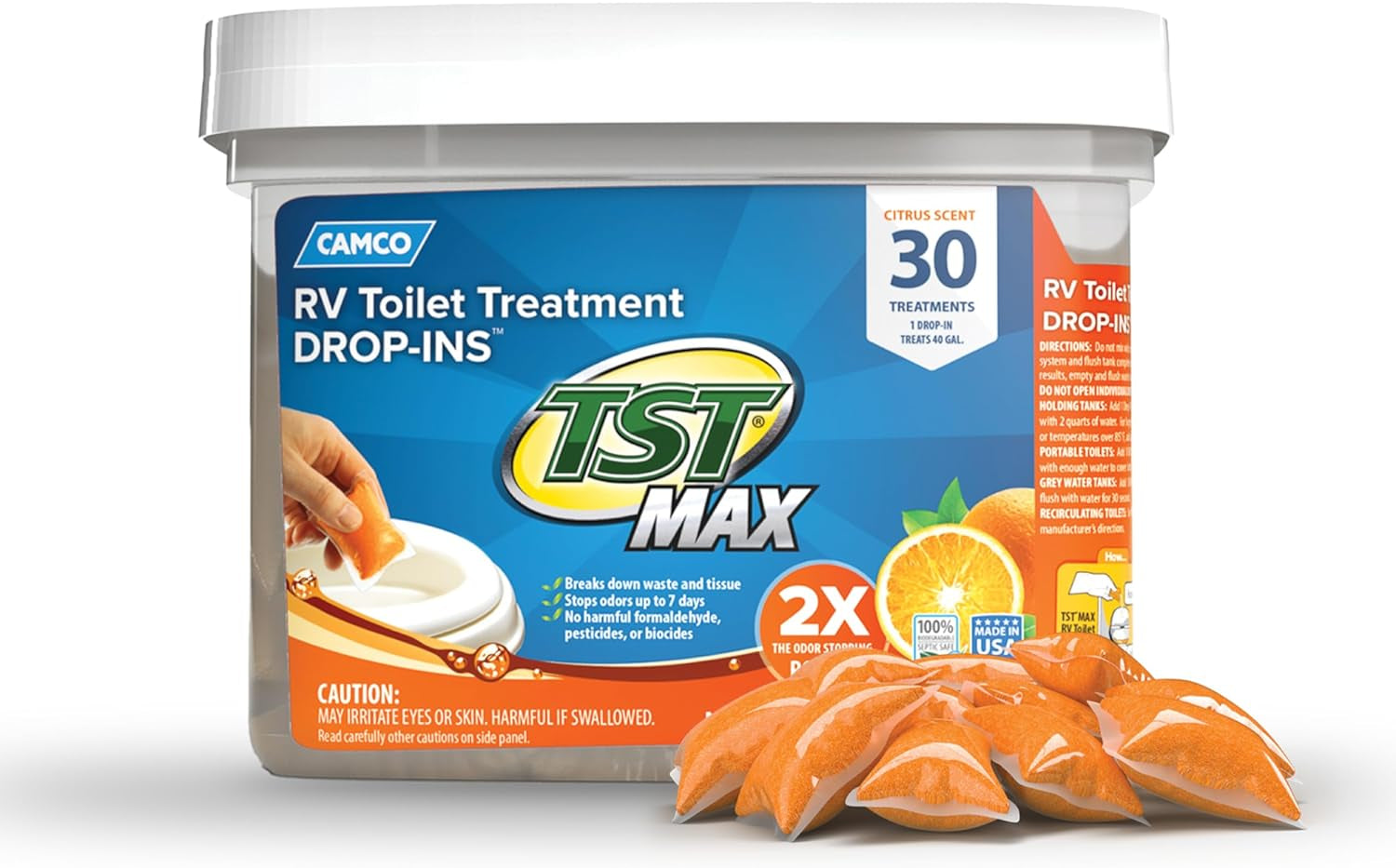 TST MAX RV Toilet Treatment Drop-Ins - Control Unwanted Odors & Break down Waste and Tissue - Safe Septic Tank Treatment - Orange Scent, 30-Pack (41183)