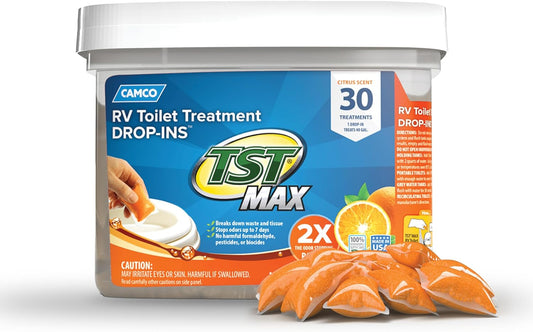 TST MAX RV Toilet Treatment Drop-Ins - Control Unwanted Odors & Break down Waste and Tissue - Safe Septic Tank Treatment - Orange Scent, 30-Pack (41183)