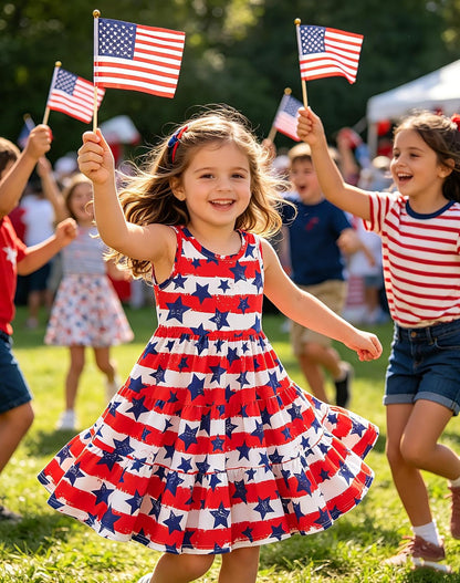 Little Girls Casual Sleeveless Dresses Summer Swing Twirly Sundress Kids 3D Cute Sun Dress 4-8T