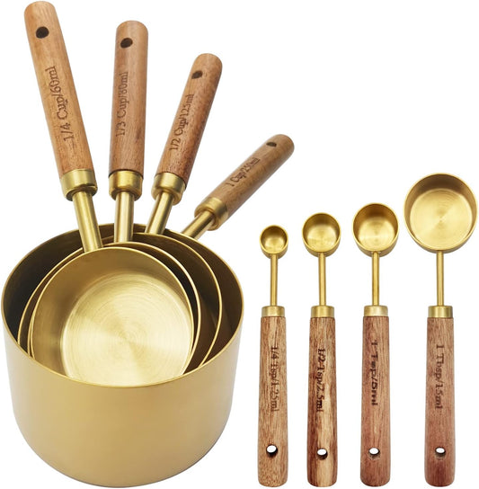 Gold Measuring Cups and Spoons Set with Fragrant Wood Handle, Measuring Cups, Metal Measuring Spoons and Measuring Cup Set for Cooking & Baking, Set of 8 Pcs