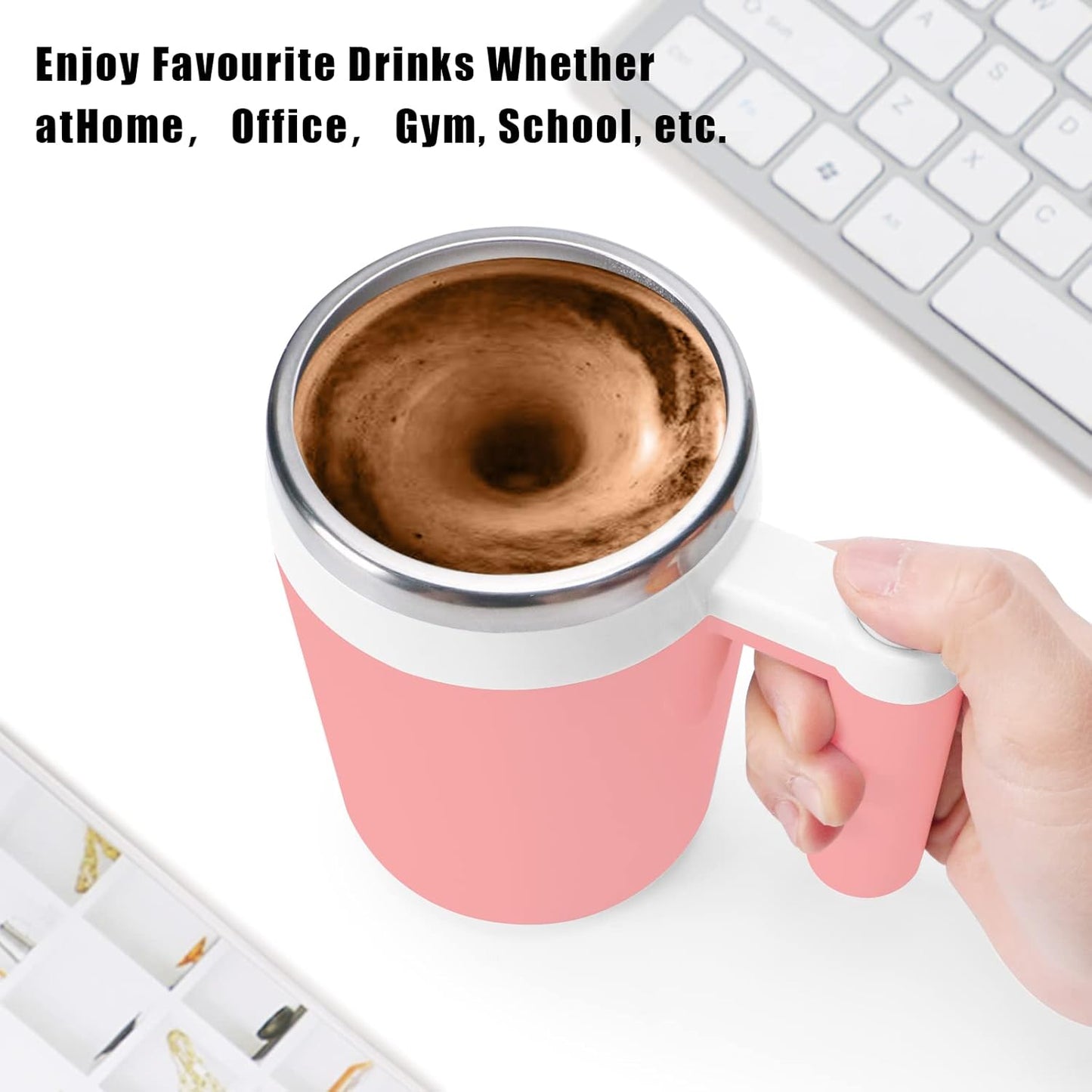 Self Stirring Mug,Rechargeable Auto Magnetic Coffee Mug with 2Pc Stir Bar,Waterproof Automatic Mixing Cup for Milk/Cocoa at Office/Kitchen/Travel 14Oz Best Gift - Pink