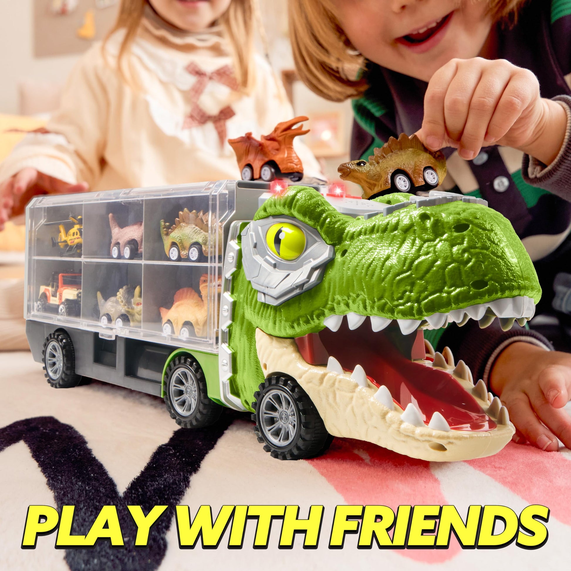 13 in 1 Dinosaur Truck Toys for Kids, Dinosaur Truck with Light & Sound, Including 12 Pull Back Cars, Great Christmas and Birthday Gifts Toy for Boy 3 4 5