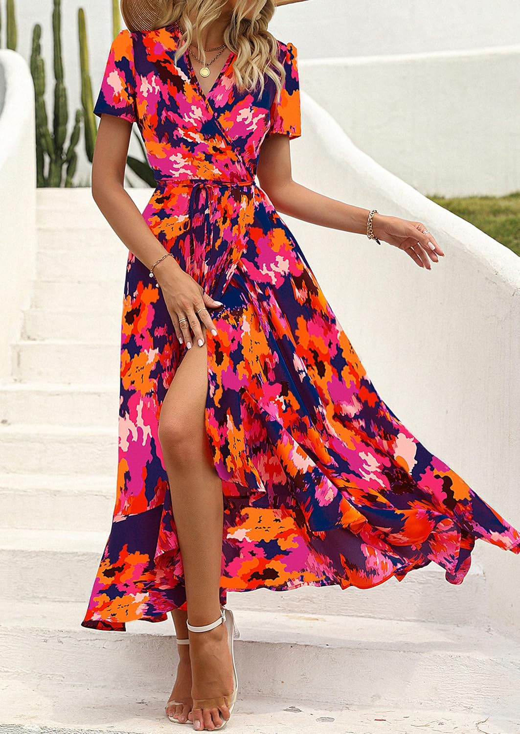 Women'S Boho Floral Maxi Dress Summer Short Sleeve Wrap V Neck Long Flowy Beach Vacation Wedding Guest Dresses