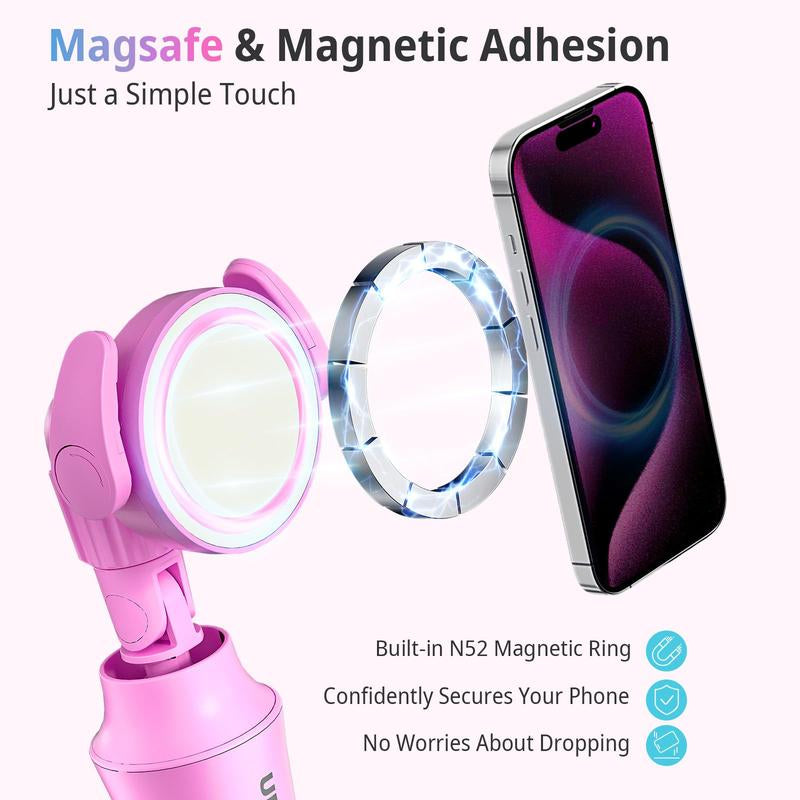 Ubeesize 62'' Magnetic Tripod for Iphone with Remote Extendable Cell Phone Stand Compatible Magsafe Selfie Stick for Iphone 15 14 13 12 11 Series & Android Phones Pink Aluminum Portable Compact Bluetooth Clip - Smartphone