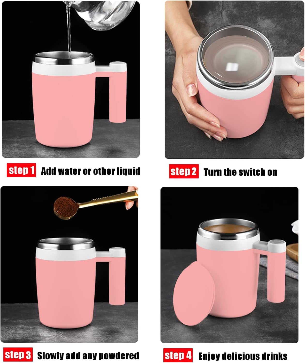 Self Stirring Mug,Rechargeable Auto Magnetic Coffee Mug with 2Pc Stir Bar,Waterproof Automatic Mixing Cup for Milk/Cocoa at Office/Kitchen/Travel 14Oz Best Gift - Pink