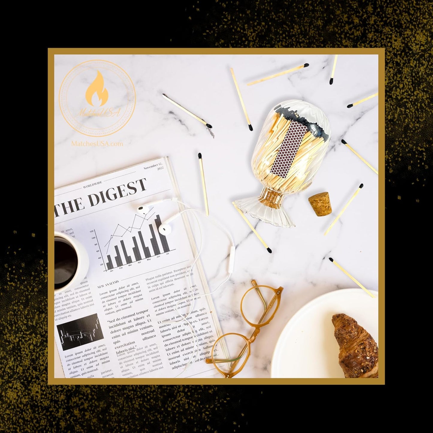 Includes Matches! | Helix Shaped Glass Matches Cloche | Spiral Decorative Match Holder Jar for Candles Set Display (Black Matches)