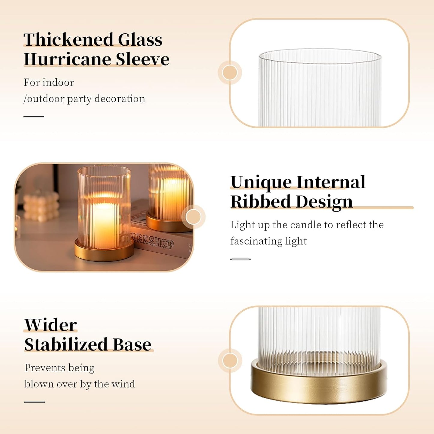 Hurricane Glass Candle Holder: Gold Pillar Candle Holders Set of 2 Ribbed Glass Cylinder Covers with Metal Candle Tray Modern Candle Holders for Table Centerpiece Living Room Decorations