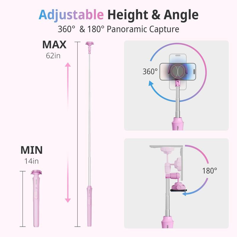 Ubeesize 62'' Magnetic Tripod for Iphone with Remote Extendable Cell Phone Stand Compatible Magsafe Selfie Stick for Iphone 15 14 13 12 11 Series & Android Phones Pink Aluminum Portable Compact Bluetooth Clip - Smartphone