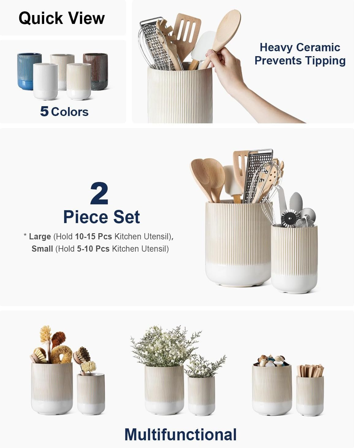 Utensil Holder, 7.3"+5.4" Ceramic Kitchen Utensil Holder for Countertop, Large Cooking Utensil Crocks Gift for Mom, Boho Farmhouse Kitchen Decor, Set of 2, Reactive Glaze Arctic White