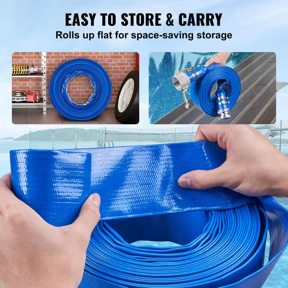 Backwash Hose 50 Ft. X 2 In. PVC Flat Discharge Hose with Aluminum Camlock C and E Fittings Clamps for Pump Sand Filter