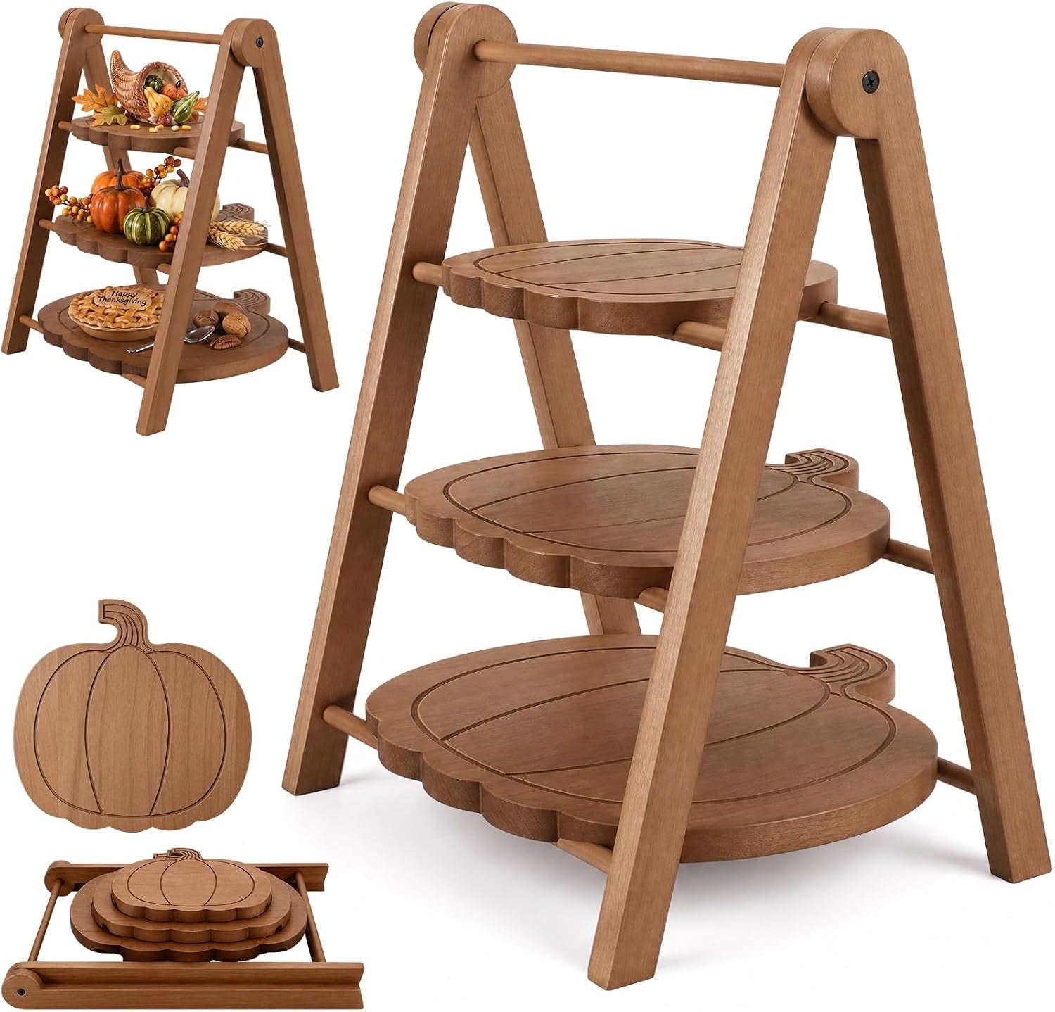 3 Tier Pumpkin Serving Trays Wooden Shaped Pumpkin Platters 12'' 10'' 8'' Charcuterie Plate Board Reusable Party Serving Plate for Halloween Fall Party Decoration