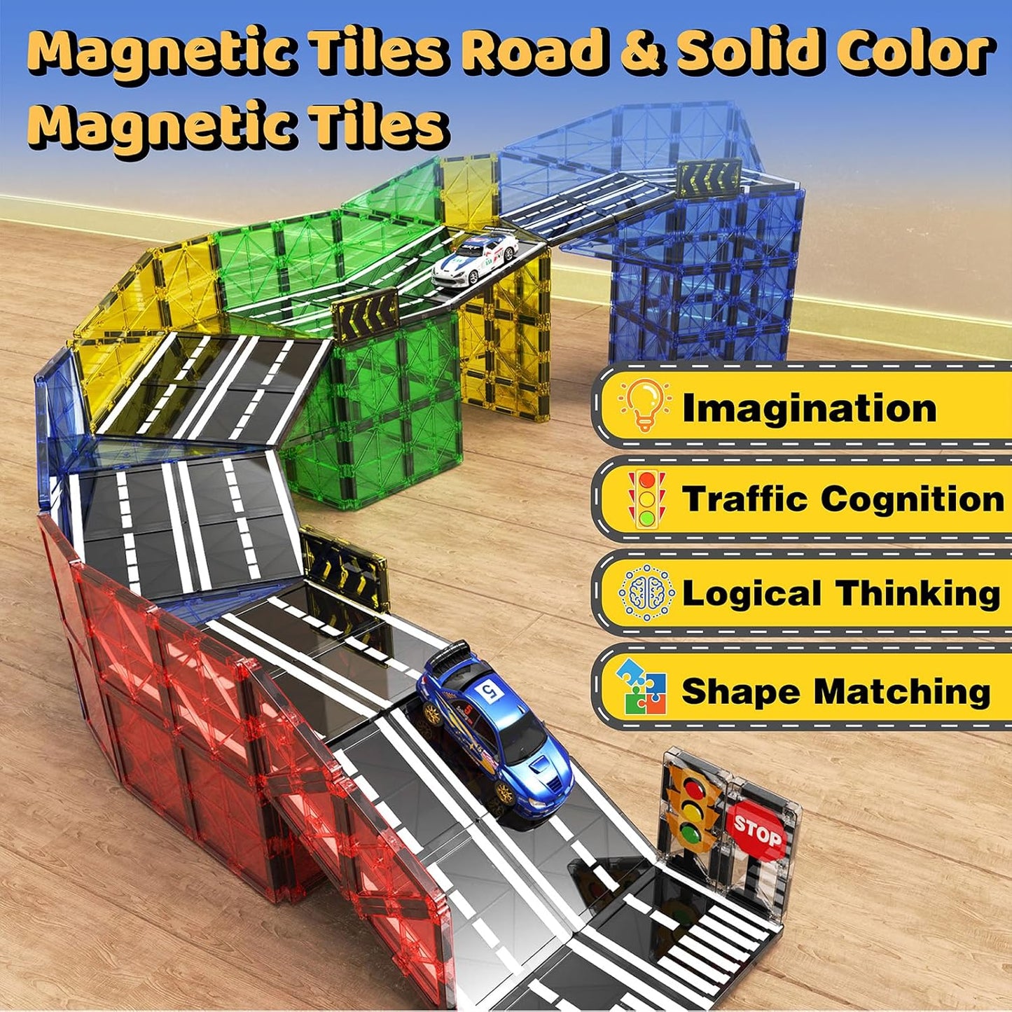Magnetic Tiles - Road Set, Magnetic Building Blocks, Preschool Montessori Toys Gift for 3+ Year Old Boys and Girls, Sensory Christmas Toys for Kids Aged 3-5 and 4-8, Ideas for Toddler with Autism