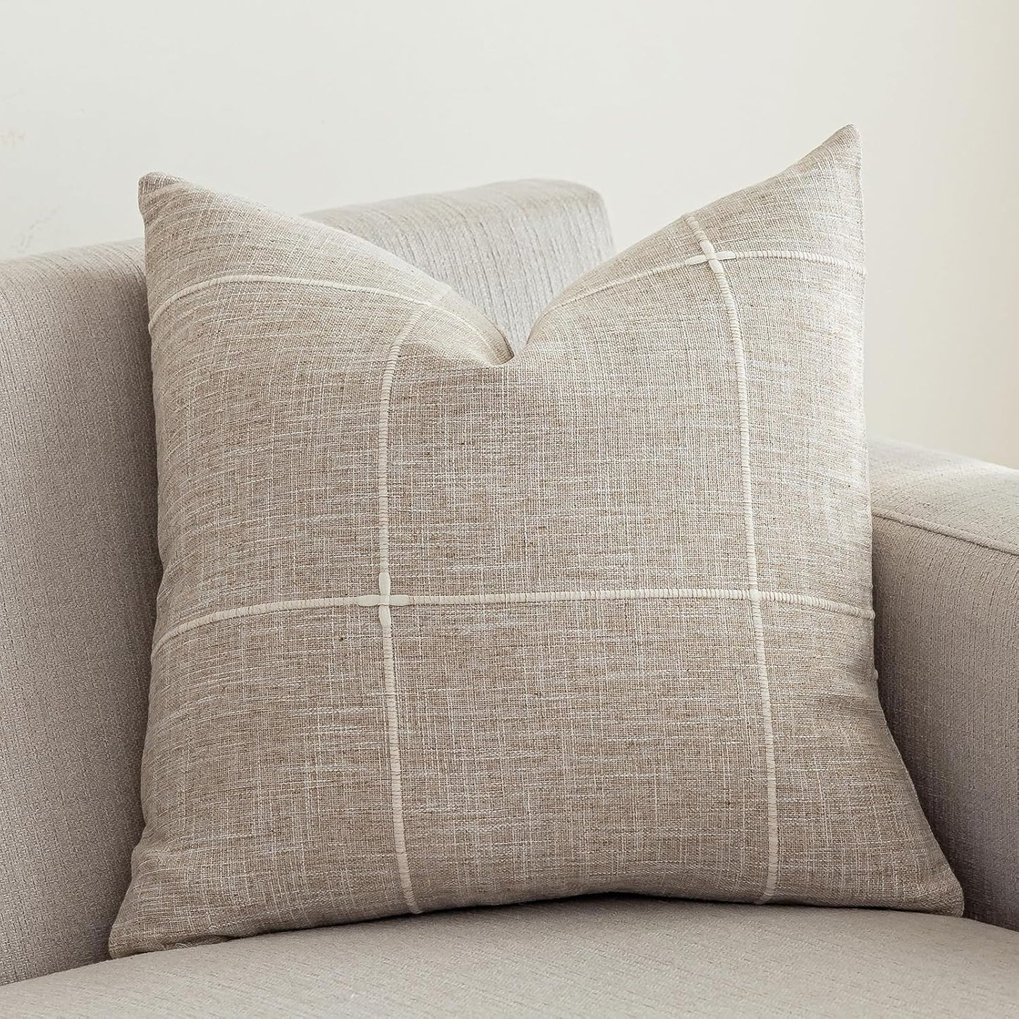 Rustic Lattice Cotton Linen Decorative Throw Pillow Cover Embroidery Square Cushion Cover Pillowcase for Sofa Bedroom Couch (Plaid Coffee,24"X24")