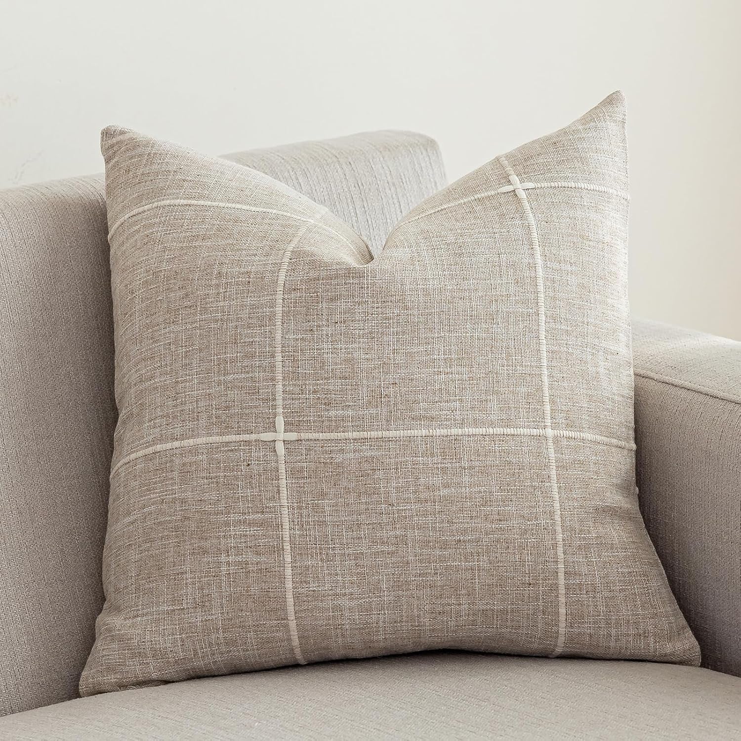 Rustic Lattice Cotton Linen Decorative Throw Pillow Cover Embroidery Square Cushion Cover Pillowcase for Sofa Bedroom Couch (Plaid Coffee,24"X24")