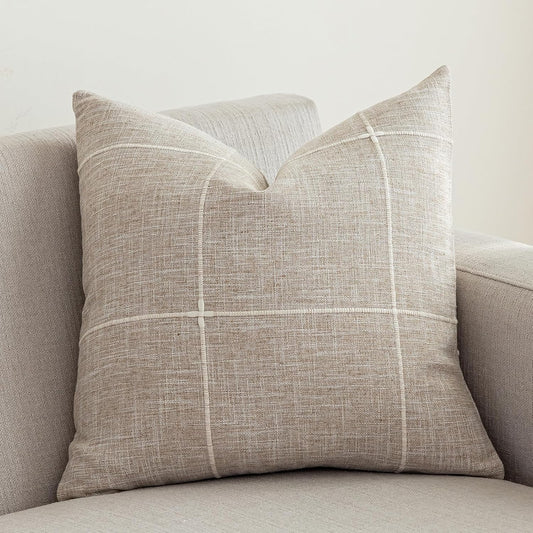 Rustic Lattice Cotton Linen Decorative Throw Pillow Cover Embroidery Square Cushion Cover Pillowcase for Sofa Bedroom Couch (Plaid Coffee,24"X24")